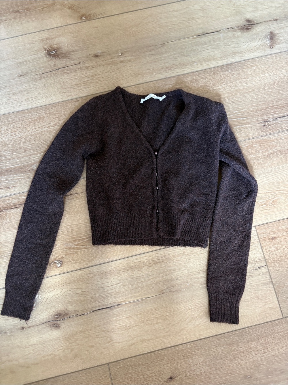 Astr the label Cropped V-Neck Button-Front Brown Cardigan